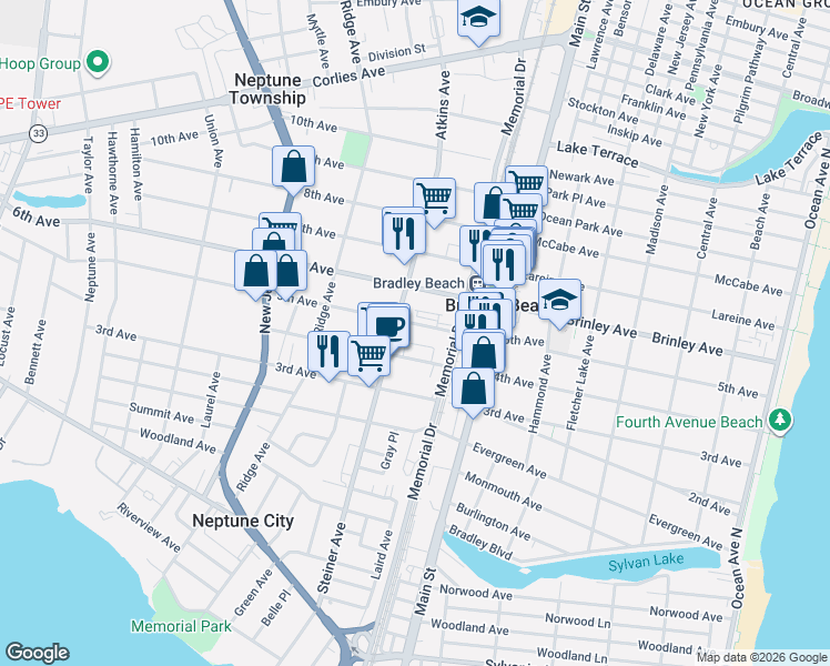 map of restaurants, bars, coffee shops, grocery stores, and more near 706 Atkins Avenue in Neptune City