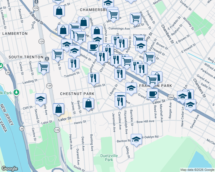 map of restaurants, bars, coffee shops, grocery stores, and more near 507 Grand Street in Trenton