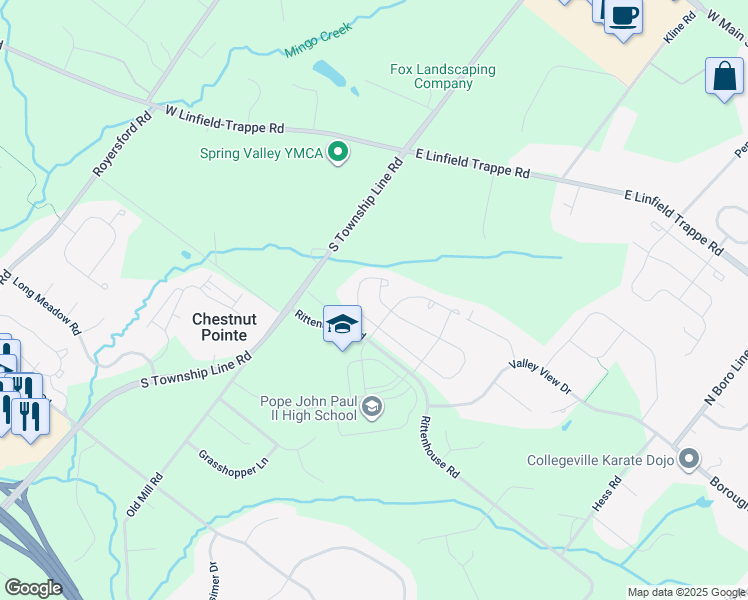 map of restaurants, bars, coffee shops, grocery stores, and more near 193 Fairfield Circle West in Royersford