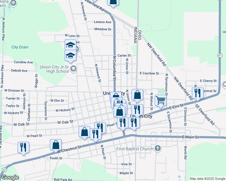map of restaurants, bars, coffee shops, grocery stores, and more near 501 North Columbia Street in Union City