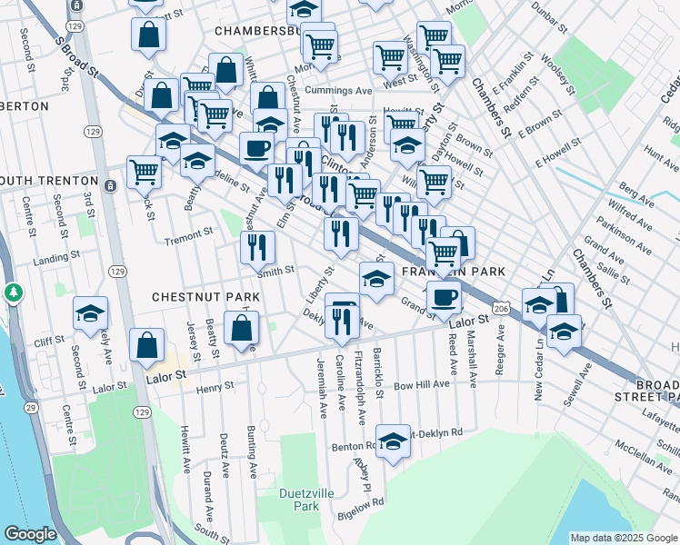 map of restaurants, bars, coffee shops, grocery stores, and more near 184 Liberty Street in Trenton