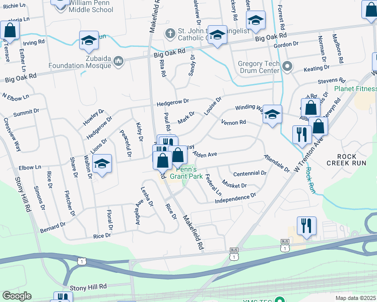 map of restaurants, bars, coffee shops, grocery stores, and more near 117 Winding Way in Morrisville