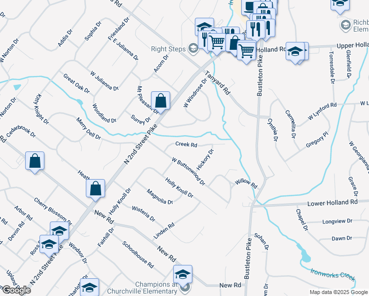 map of restaurants, bars, coffee shops, grocery stores, and more near 47 Creek Road in Bucks County