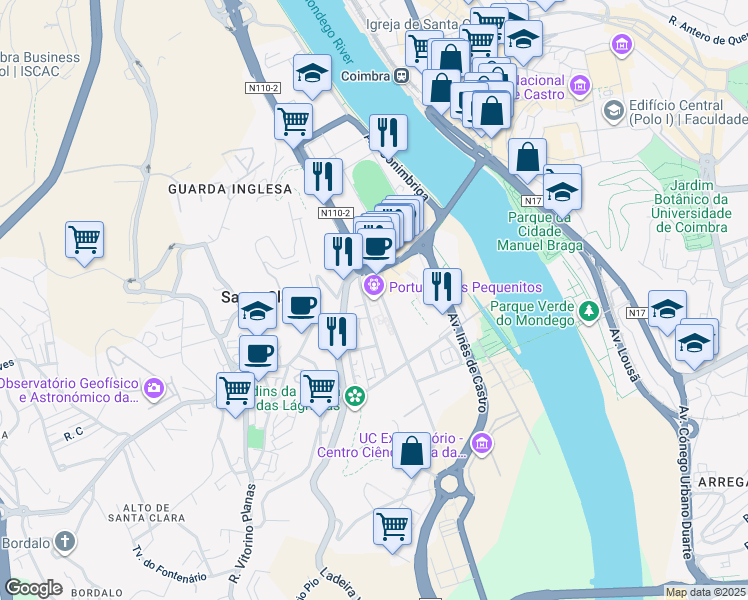 map of restaurants, bars, coffee shops, grocery stores, and more near Largo Rossio de Santa Clara in Coimbra