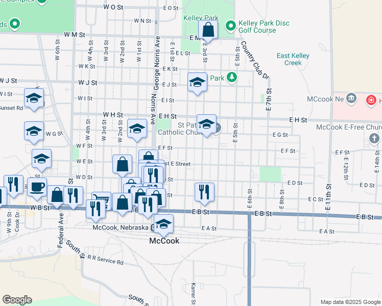 map of restaurants, bars, coffee shops, grocery stores, and more near 603 East 2nd Street in McCook