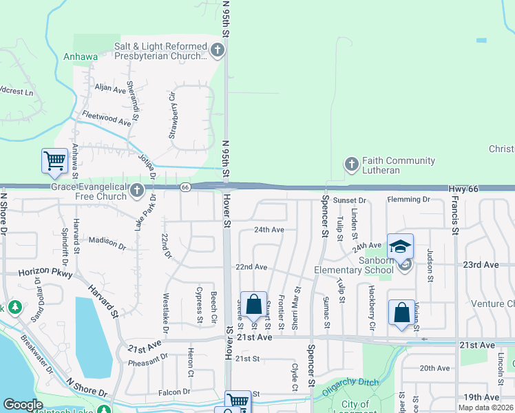 map of restaurants, bars, coffee shops, grocery stores, and more near 2540 Sunset Drive in Longmont