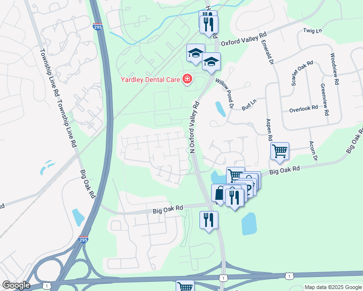 map of restaurants, bars, coffee shops, grocery stores, and more near 1670 Coolidge Way in Yardley