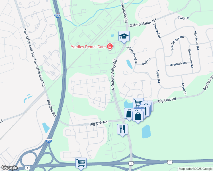 map of restaurants, bars, coffee shops, grocery stores, and more near 1670 Coolidge Way in Yardley