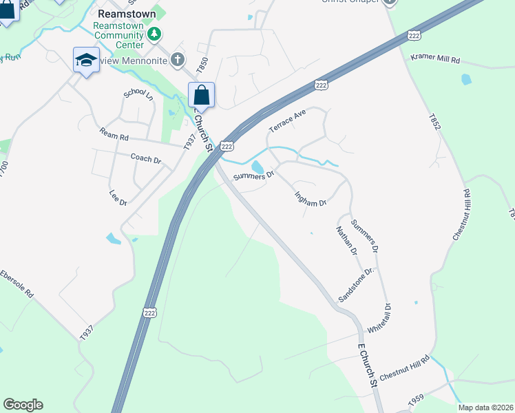 map of restaurants, bars, coffee shops, grocery stores, and more near 120 East Church Street in Stevens