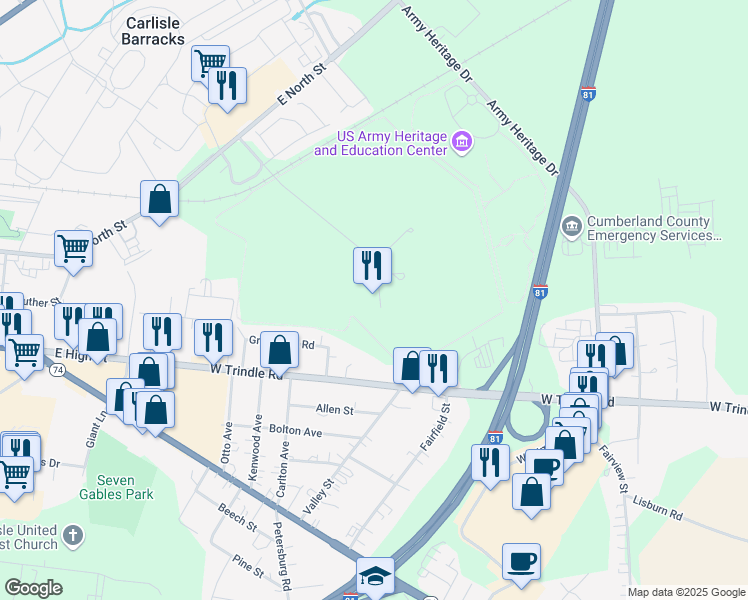 map of restaurants, bars, coffee shops, grocery stores, and more near 901 Jim Thorpe Road in Carlisle