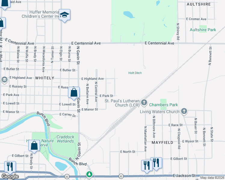 map of restaurants, bars, coffee shops, grocery stores, and more near 1106 North Hodson Avenue in Muncie
