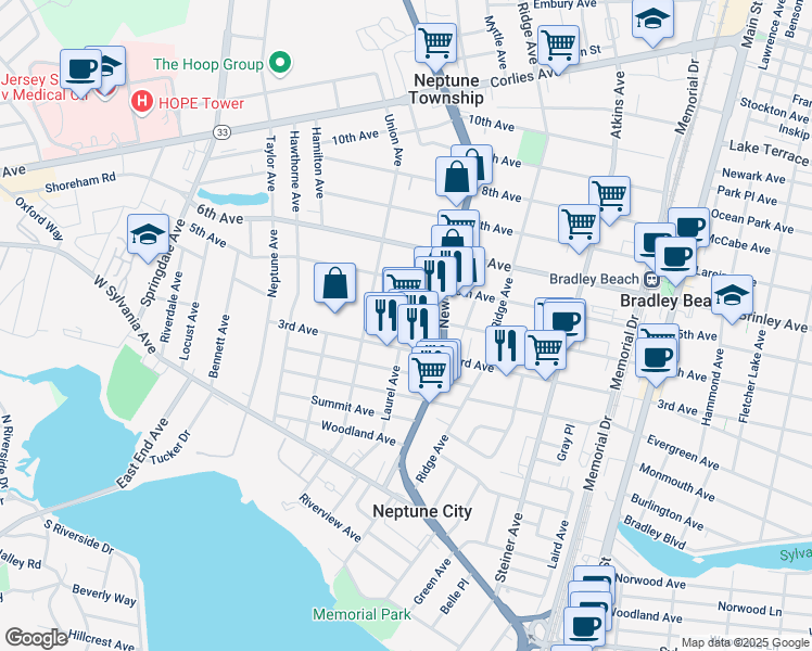 map of restaurants, bars, coffee shops, grocery stores, and more near 116 Route 35 in Neptune City