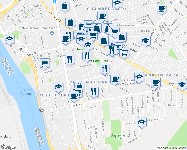 map of restaurants, bars, coffee shops, grocery stores, and more near 63 Randall Avenue in Trenton