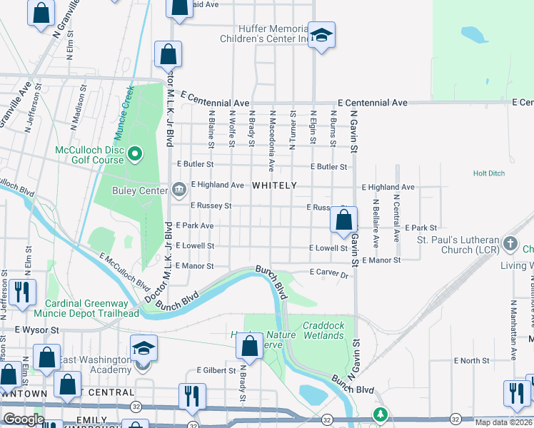 map of restaurants, bars, coffee shops, grocery stores, and more near in Muncie