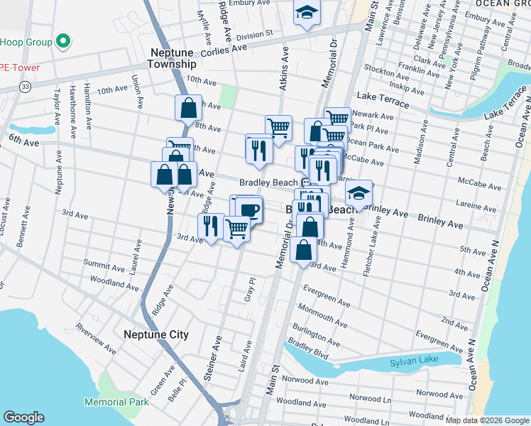 map of restaurants, bars, coffee shops, grocery stores, and more near 706 Atkins Avenue in Neptune City