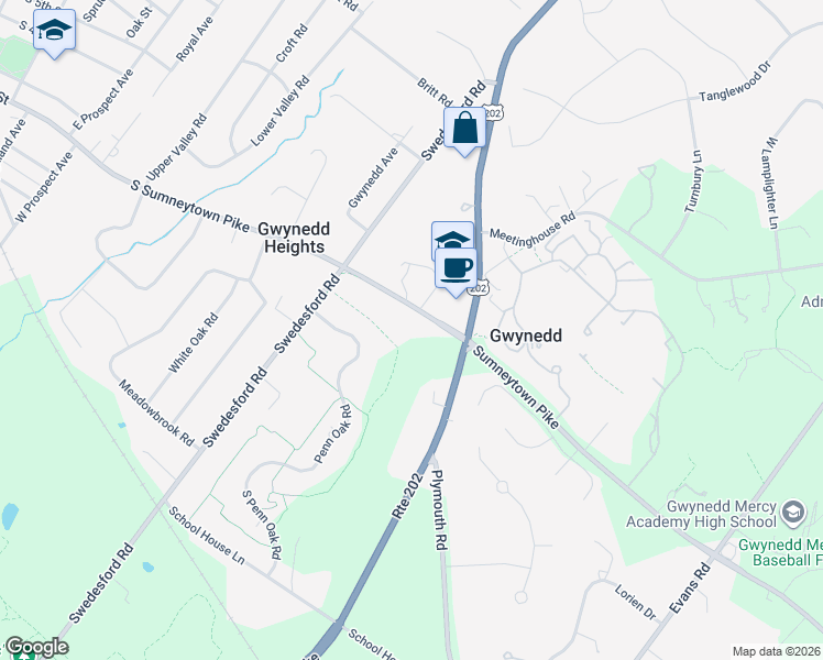 map of restaurants, bars, coffee shops, grocery stores, and more near 1720 Sumneytown Pike in Gwynedd Valley