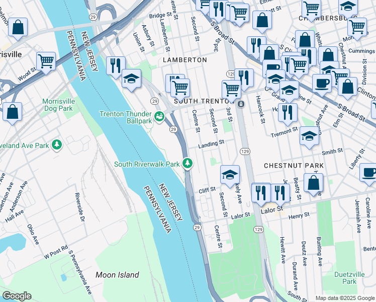 map of restaurants, bars, coffee shops, grocery stores, and more near 905 Lamberton Street in Trenton