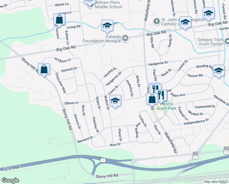 map of restaurants, bars, coffee shops, grocery stores, and more near 53 Lions Drive in Morrisville