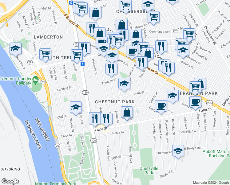 map of restaurants, bars, coffee shops, grocery stores, and more near 768 Beatty Street in Trenton