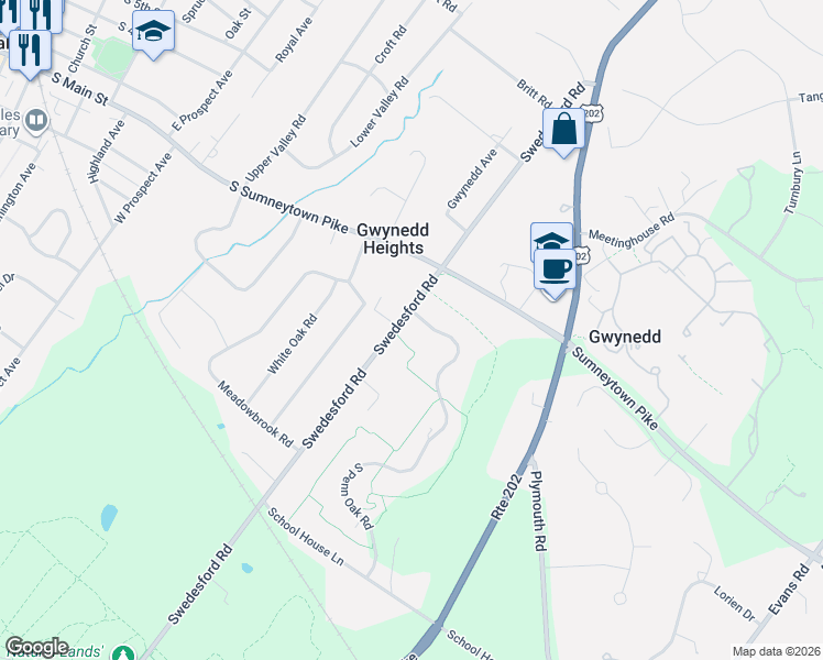map of restaurants, bars, coffee shops, grocery stores, and more near 996 North Penn Oak Road in Gwynedd Valley