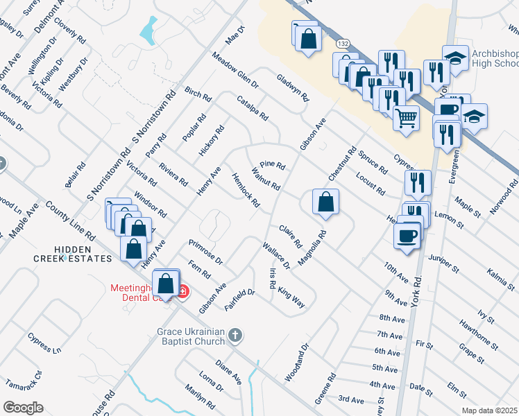 map of restaurants, bars, coffee shops, grocery stores, and more near 855 Hemlock Road in Warminster