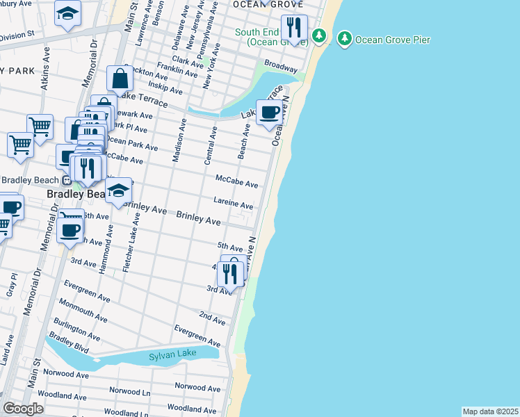 map of restaurants, bars, coffee shops, grocery stores, and more near Ocean Avenue & Lareine Avenue in Bradley Beach