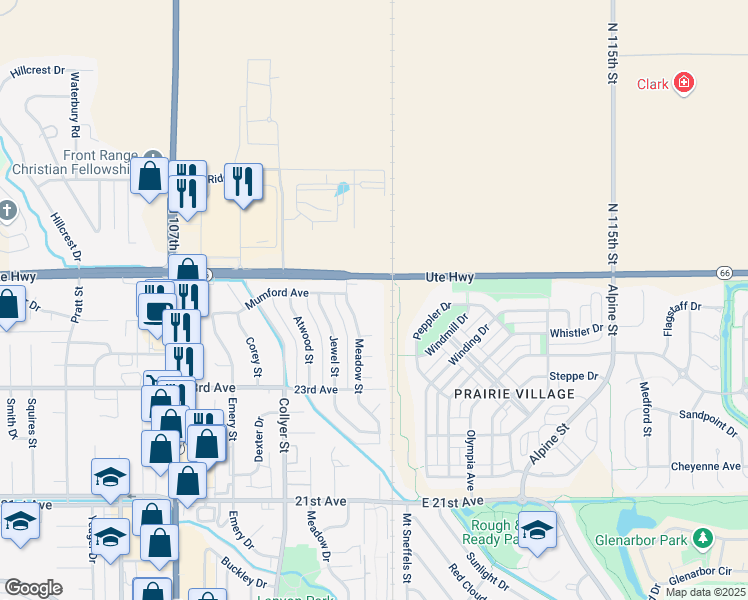 map of restaurants, bars, coffee shops, grocery stores, and more near 22 Mumford Place in Longmont