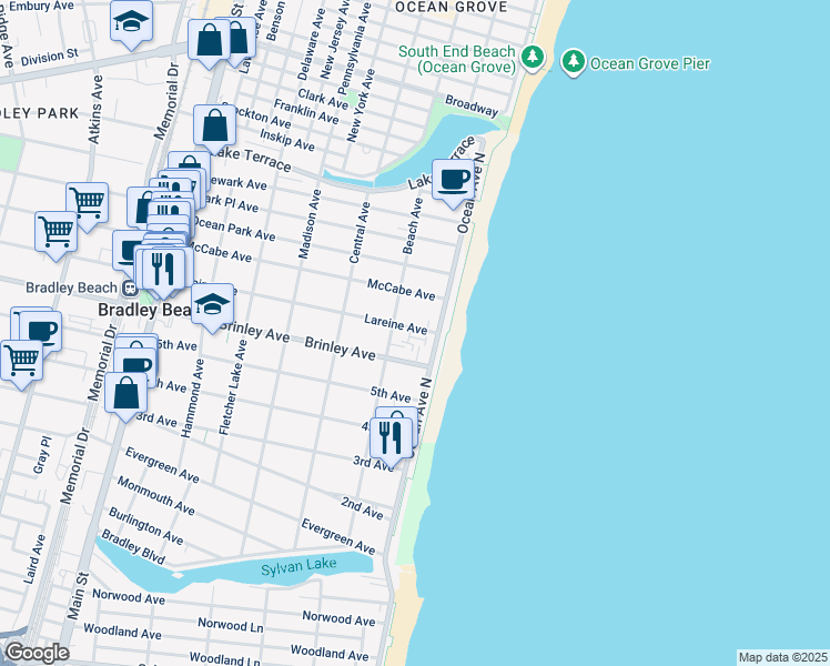 map of restaurants, bars, coffee shops, grocery stores, and more near 702 Beach Avenue in Bradley Beach