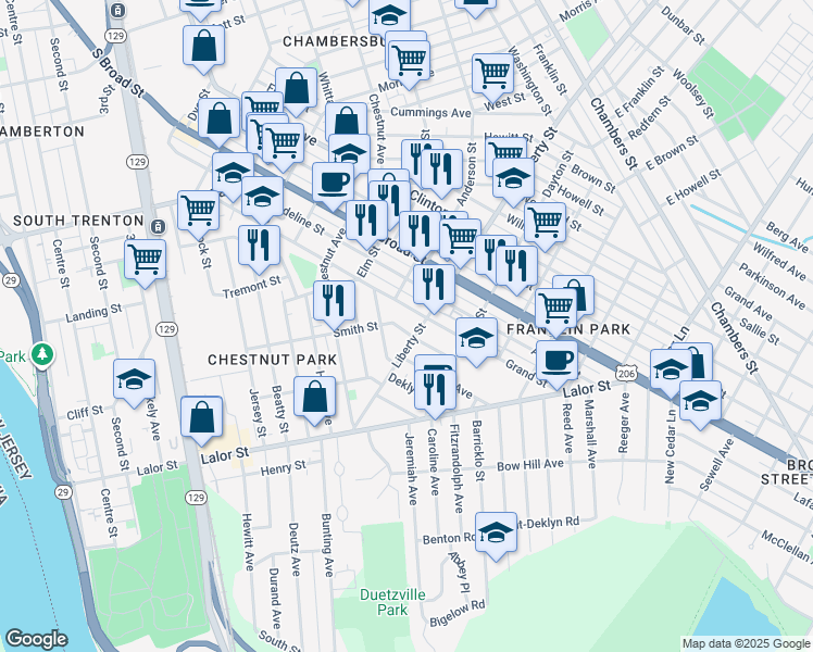 map of restaurants, bars, coffee shops, grocery stores, and more near 507 Grand Street in Trenton