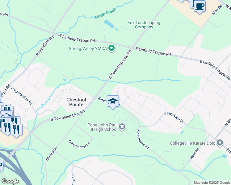 map of restaurants, bars, coffee shops, grocery stores, and more near 262 Fairfield Circle West in Royersford