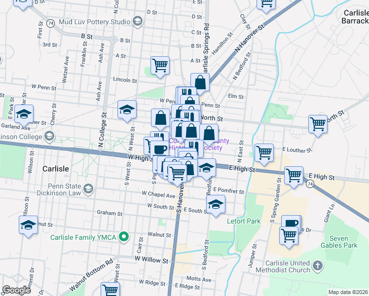 map of restaurants, bars, coffee shops, grocery stores, and more near 4 East Louther Street in Carlisle