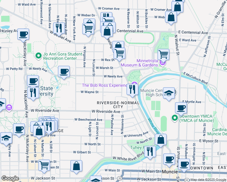 map of restaurants, bars, coffee shops, grocery stores, and more near 811 West Carson Street in Muncie
