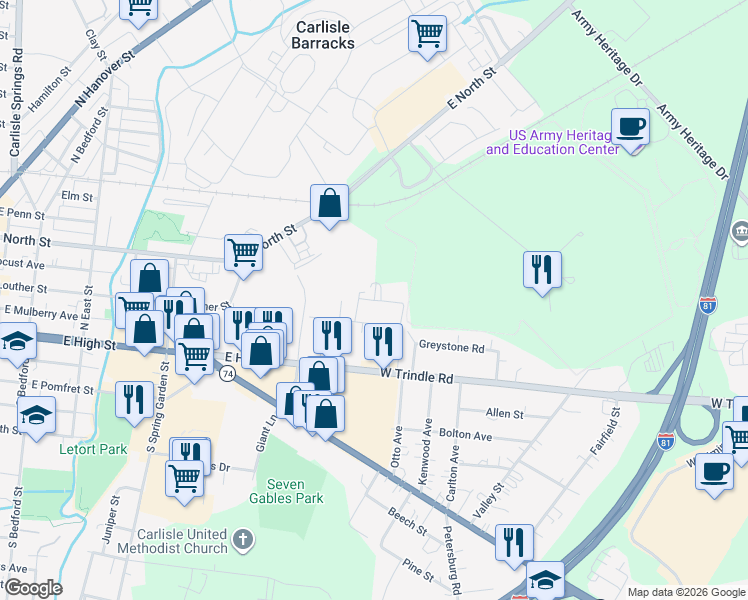 map of restaurants, bars, coffee shops, grocery stores, and more near Carlisle in Carlisle