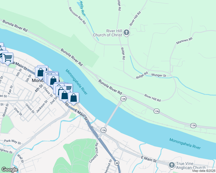map of restaurants, bars, coffee shops, grocery stores, and more near 33 Bunola River Road in Monongahela