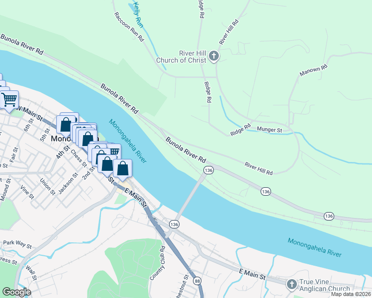 map of restaurants, bars, coffee shops, grocery stores, and more near 33 Bunola River Road in Monongahela
