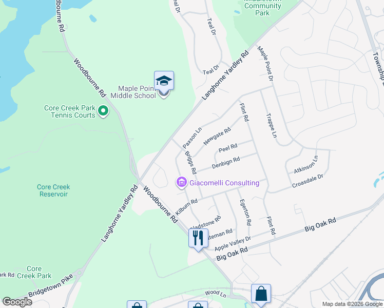 map of restaurants, bars, coffee shops, grocery stores, and more near 365 Newgate Road in Langhorne