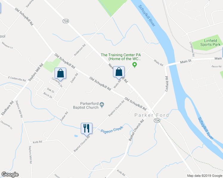 map of restaurants, bars, coffee shops, grocery stores, and more near 1483 Old Schuylkill Road in Spring City