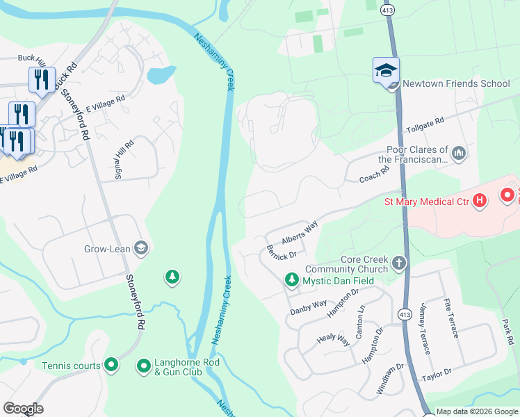 map of restaurants, bars, coffee shops, grocery stores, and more near 538 Lenape Circle in Langhorne
