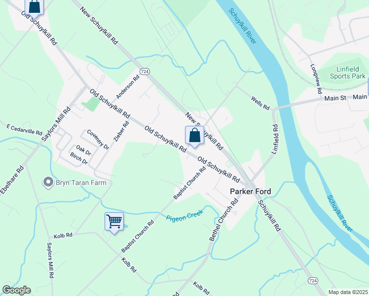 map of restaurants, bars, coffee shops, grocery stores, and more near 1483 Old Schuylkill Road in Spring City