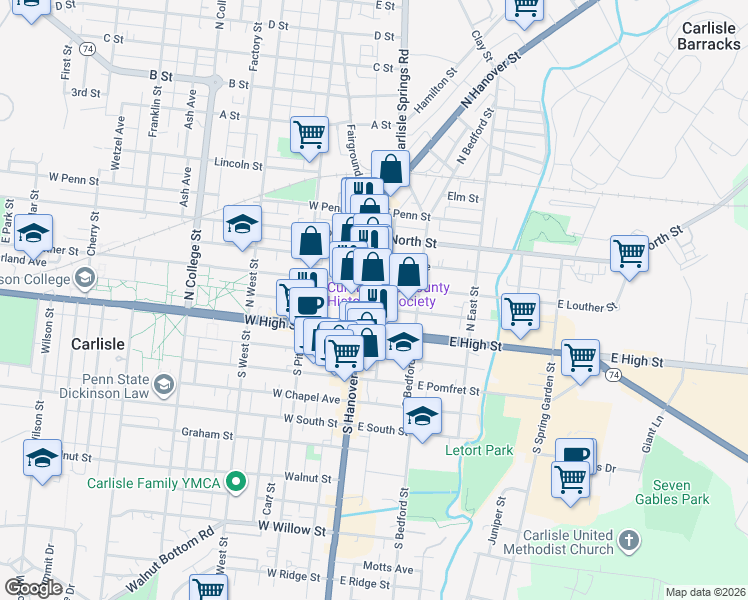 map of restaurants, bars, coffee shops, grocery stores, and more near 4 East Louther Street in Carlisle