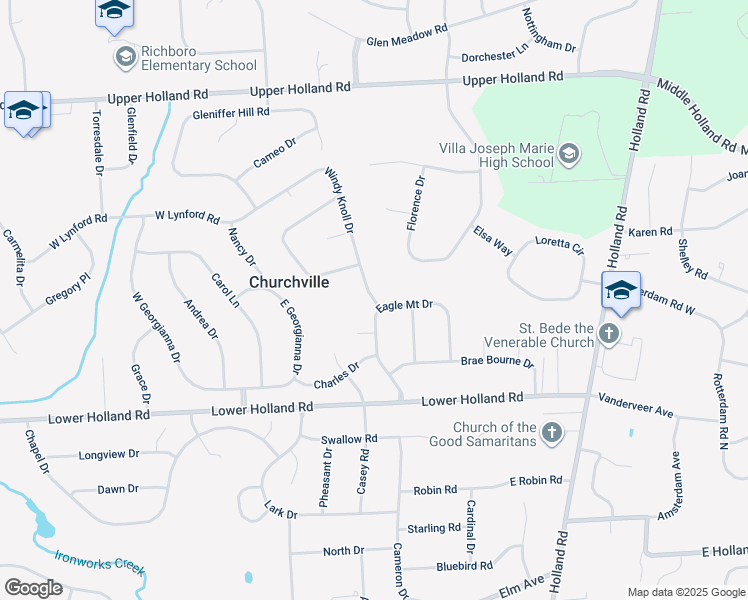 map of restaurants, bars, coffee shops, grocery stores, and more near 6 Windy Knoll Drive in Richboro