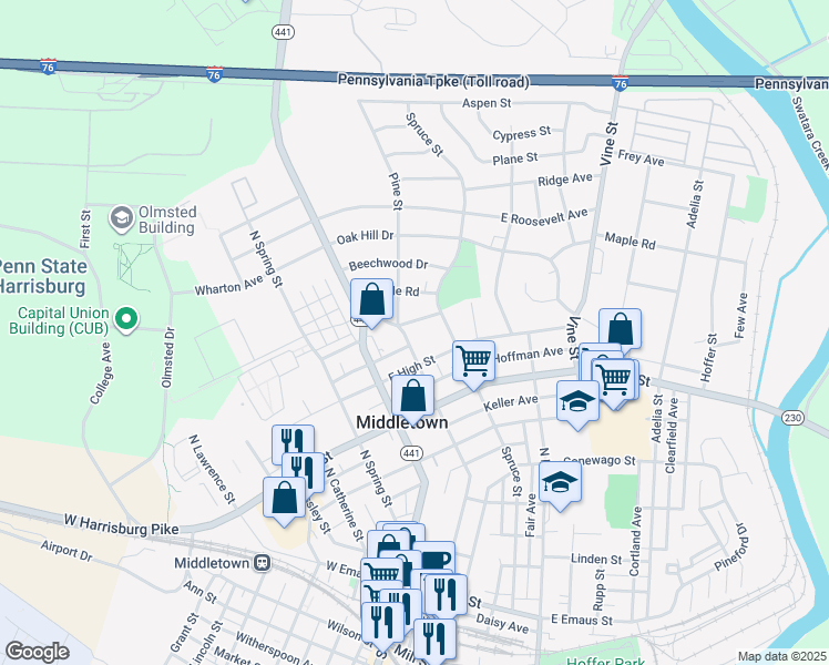 map of restaurants, bars, coffee shops, grocery stores, and more near 576 Park Circle Road in Middletown
