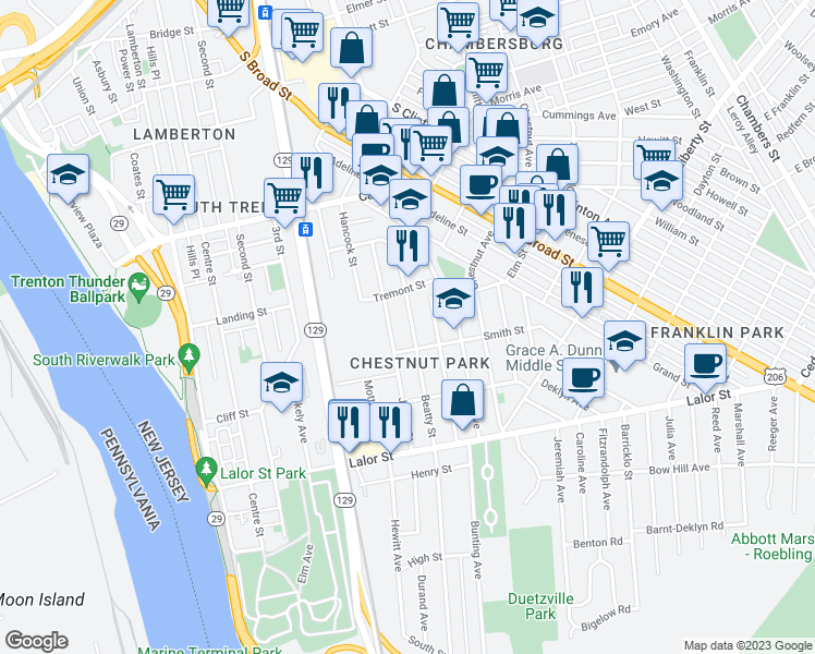 map of restaurants, bars, coffee shops, grocery stores, and more near 755 Beatty Street in Trenton