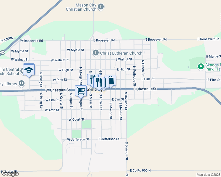 map of restaurants, bars, coffee shops, grocery stores, and more near 208 North Mason Street in Mason City
