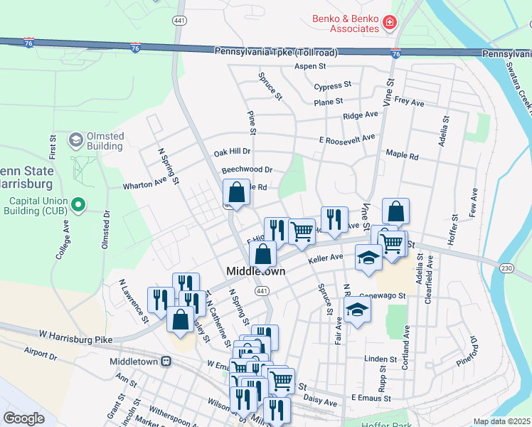 map of restaurants, bars, coffee shops, grocery stores, and more near 560 North Pine Street in Middletown