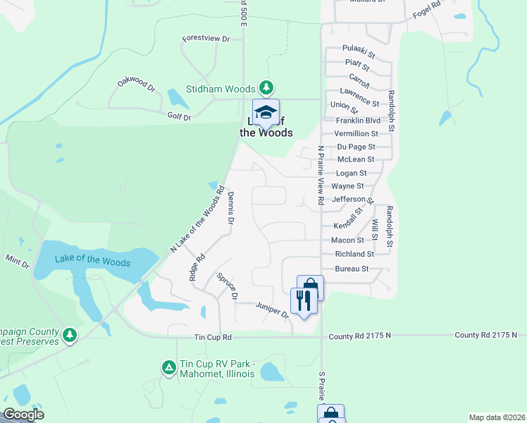 map of restaurants, bars, coffee shops, grocery stores, and more near 704 Dennis Drive in Mahomet