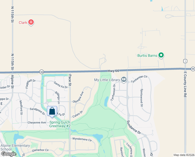 map of restaurants, bars, coffee shops, grocery stores, and more near 2438 Calais Drive in Longmont
