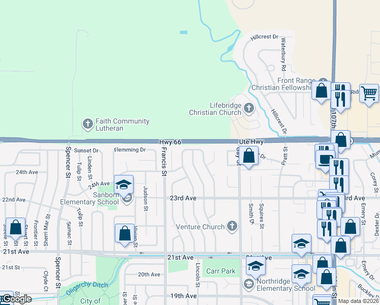 map of restaurants, bars, coffee shops, grocery stores, and more near 2442 Sunrise Drive in Longmont