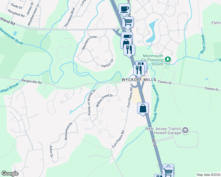 map of restaurants, bars, coffee shops, grocery stores, and more near 351 Sequoia Court in Howell Township
