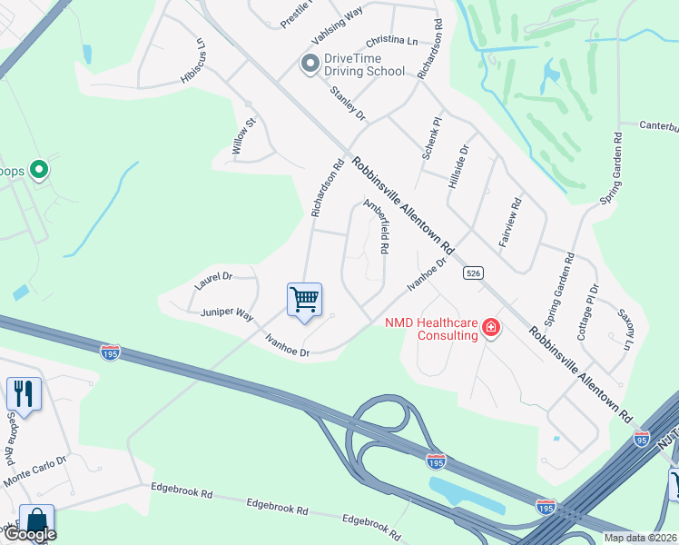 map of restaurants, bars, coffee shops, grocery stores, and more near 55 Amberfield Road in Robbinsville Township